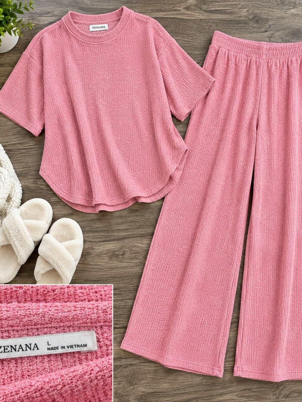 Zenana Outfitters Ribbed Two-Piece Lounge Set - Dusty Pink